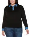 Belldini Plus Size Denim-trim Two-fer Sweater In Black