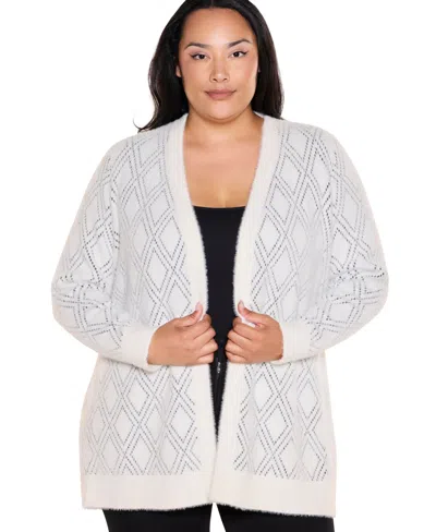 Belldini Plus Size Diamond-pattern Long-sleeve Open-front Cardigan In Winter White Black
