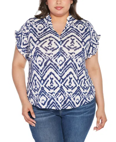 Belldini Plus Size Distressed Ikat Print Top In White,navy