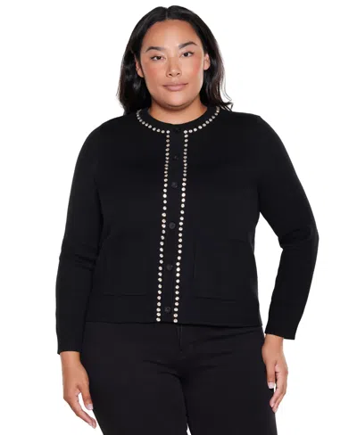 Belldini Plus Size Embellished Long-sleeve Crewneck Cardigan Sweater In Multi