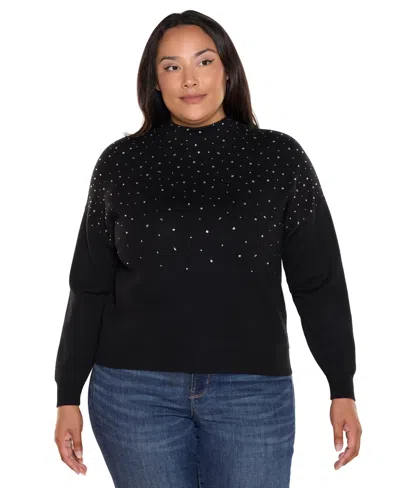 Belldini Plus Size Embellished Mock-neck Sweater In Black