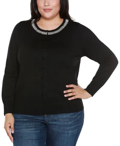 Belldini Plus Size Embellished Neckline Cardigan Sweater In Black