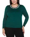 Belldini Plus Size Embellished Neckline Cardigan Sweater In Green