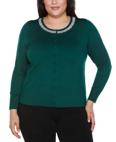 Belldini Plus Size Embellished Neckline Cardigan Sweater In Green