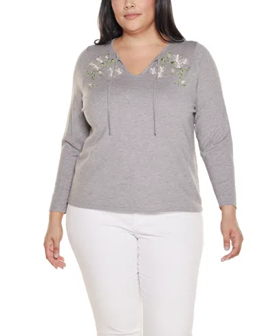 Belldini Plus Size Embroidered-flower Split-neck Sweater In Gray