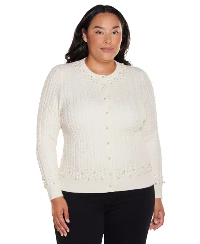 Belldini Plus Size Fitted Cable-knit Crewneck Cardigan Sweater In White