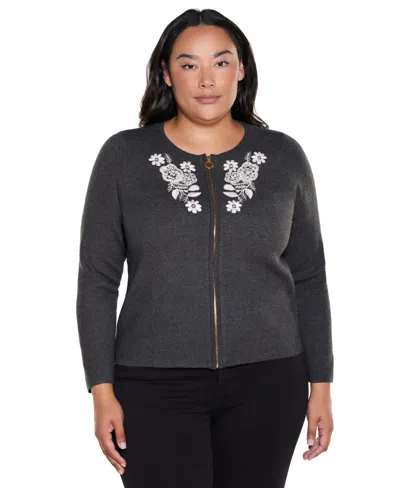 Belldini Plus Size Fitted Floral Full-zip Cardigan In Gray