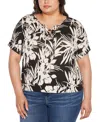 Belldini Plus Size Floral Print Lace-up Top In Black Combo