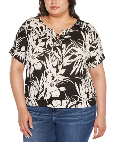 Belldini Plus Size Floral Print Lace-up Top In Black Combo