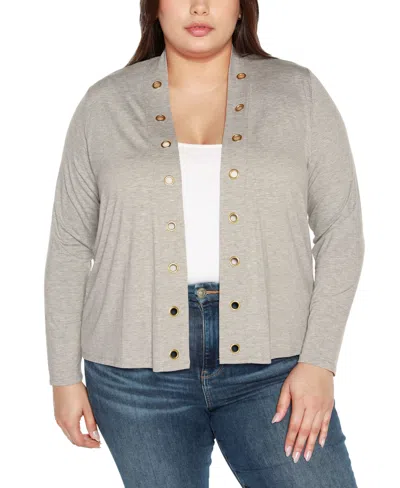 Belldini Plus Size Grommet Detail Cropped Knit Cardigan Sweater In Heather Grey