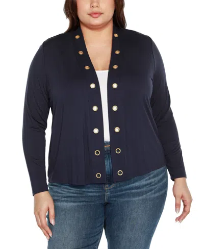 Belldini Plus Size Grommet Detail Cropped Knit Cardigan Sweater In Navy