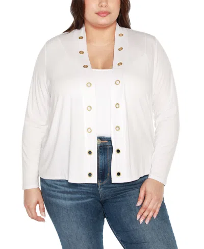 Belldini Plus Size Grommet Detail Cropped Knit Cardigan Sweater In White