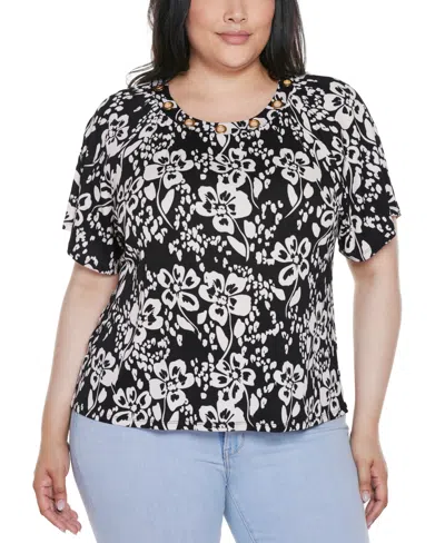 Belldini Plus Size Grommet Detail Floral Short Sleeve Knit Top