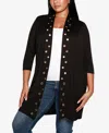Belldini Plus Size Grommet-trim Duster Cardigan Sweater In Black,gold