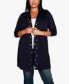Belldini Plus Size Grommet-trim Duster Cardigan In Navy,gold