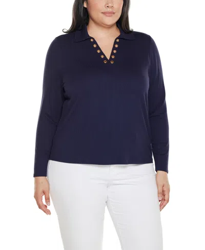 Belldini Plus Size Grommet-trim Split-v Knit Top In Blue