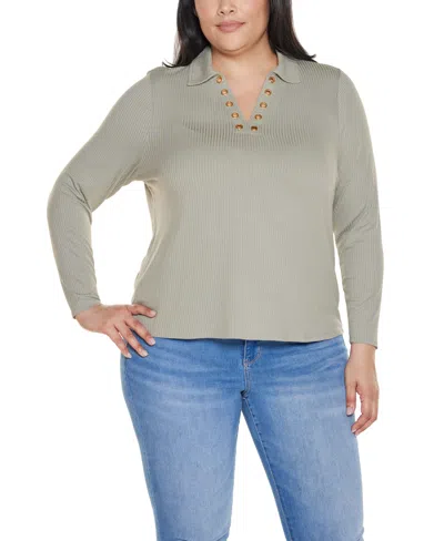 Belldini Plus Size Grommet-trim Split-v Knit Top In Green