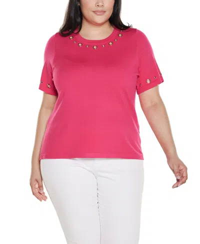 Belldini Plus Size Grommet-detail Crew-neck Sweater In Pink