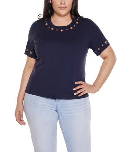 Belldini Plus Size Grommet-detail Crew-neck Sweater In Navy,gold