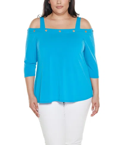 Belldini Plus Size Grommet-trim Cold Shoulder Top In Blue