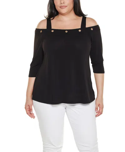 Belldini Plus Size Grommet-trim Cold Shoulder Top In Black