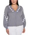 Belldini Plus Size Heart Jacquard Cardigan Sweater In Heather Gray