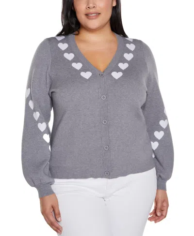 Belldini Plus Size Heart Jacquard Cardigan Sweater In Heather Gray