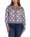 Belldini Plus Size Hearts Jacquard Cardigan Sweater In Heather Grey,white