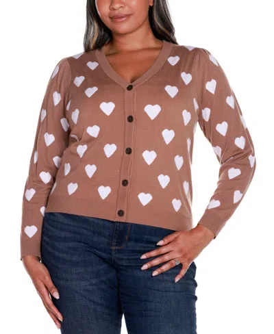 Belldini Plus Size Hearts Jacquard Cardigan Sweater In Iced Latte Combo