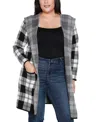 Belldini Plus Size Hooded Checkered Plaid Cardigan Sweater In Black