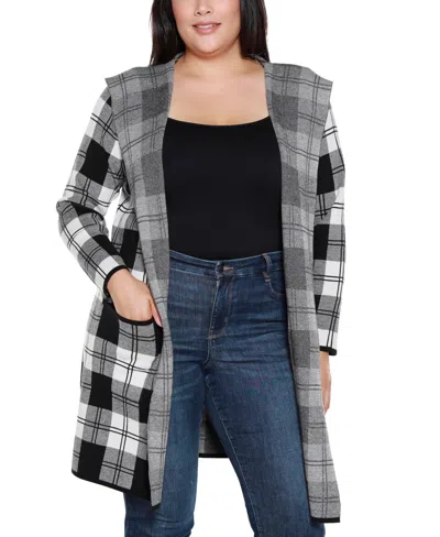 Belldini Plus Size Hooded Checkered Plaid Cardigan Sweater In Black