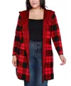Belldini Plus Size Hooded Checkered Plaid Cardigan Sweater In Multi