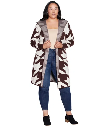 Belldini Plus Size Houndstooth Hooded Cardigan In White