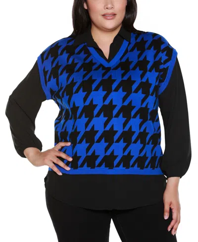 Belldini Plus Size Houndstooth Two-fer Sweater In Blue