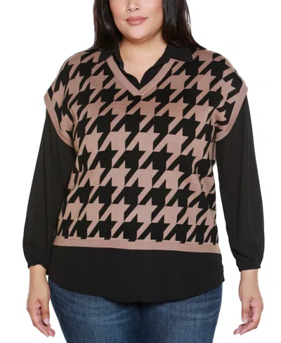 Belldini Plus Size Houndstooth Two-fer Sweater In Brown