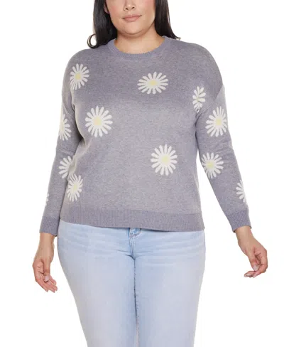 Belldini Plus Size Jacquard-flower Crew Neck Sweater In Gray