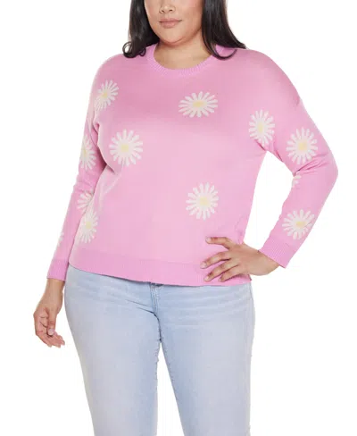 Belldini Plus Size Jacquard-flower Crew Neck Sweater In Pink