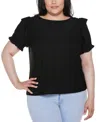 Belldini Plus Size Knit Eyelet Ruffle Sleeve Top In Black