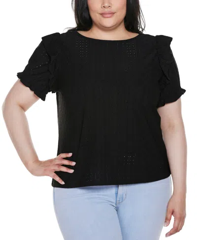 Belldini Plus Size Knit Eyelet Ruffle Sleeve Top