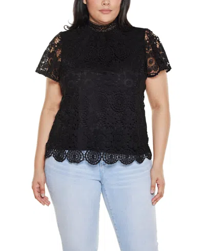 Belldini Plus Size Lace-front Mock-neck Top In Multi