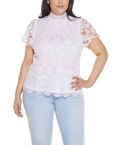 Belldini Plus Size Lace-front Mock-neck Top In Multi