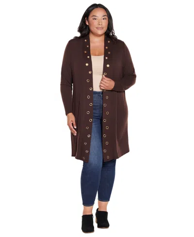 Belldini Plus Size Long Sleeve Grommet Trim Cardigan Sweater In Espresso,gold