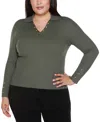 Belldini Plus Size Long Sleeve Johnny Collar Sweater In Green