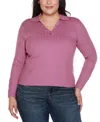 Belldini Plus Size Long Sleeve Johnny Collar Sweater In Pink