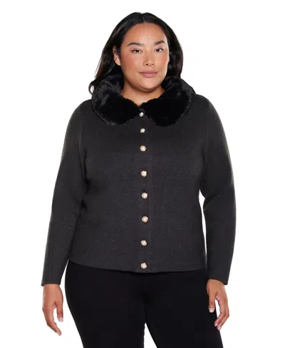 Belldini Plus Size Long-sleeve Collared Faux-fur Cardigan In Heather Charcoal,black