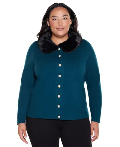 Belldini Plus Size Long-sleeve Collared Faux-fur Cardigan In Winter Teal,black