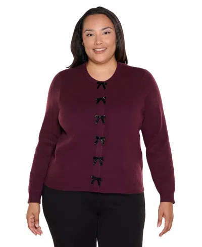 Belldini Plus Size Long-sleeve Crewneck Bow Cardigan In Black Cherry