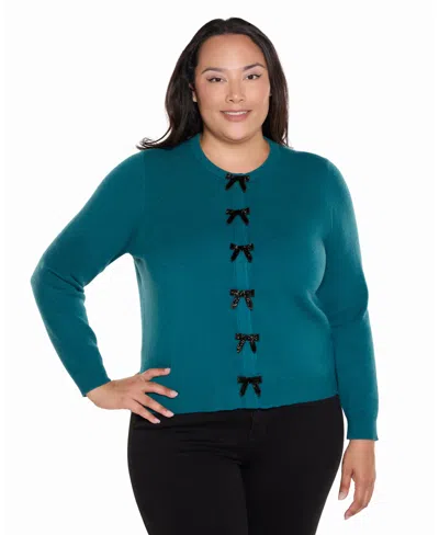 Belldini Plus Size Long-sleeve Crewneck Bow Cardigan In Winter Teal,black