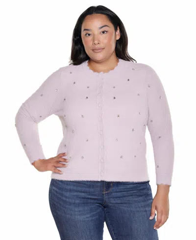 Belldini Plus Size Ls Eyelash Scalloped-rhinestone Cardigan In Pale Lilac