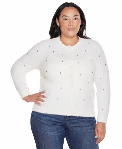 Belldini Plus Size Ls Eyelash Scalloped-rhinestone Cardigan In Winter White